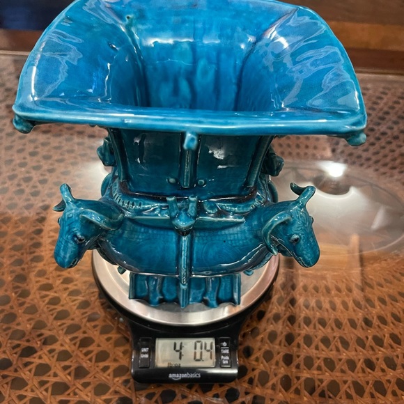 Chinese Antique Peacock Blue Glazed Porcelain Zun Vase with Four Sheep Deco - Picture 6 of 9